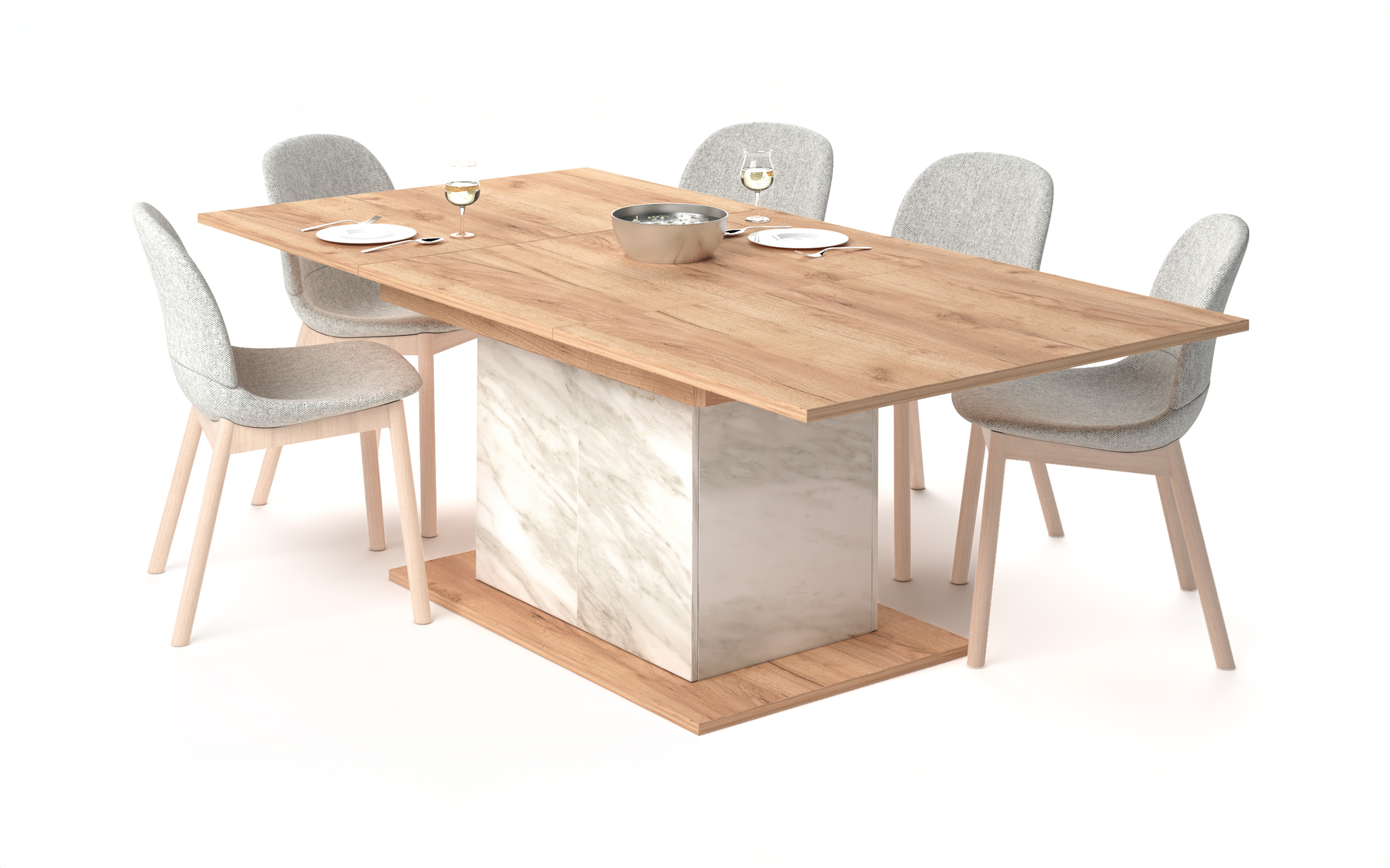 Masa dining extensibila Selera, stejar craft auriu + decor marmura alba  1